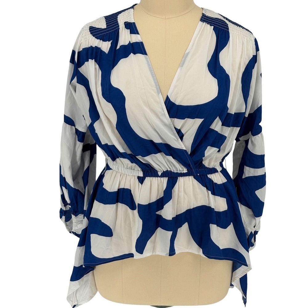 Ashley Stewart Blouse Blue White Abstract Smocked Wrap Top‎ 14/16